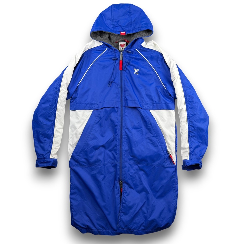 TYR Swim Parka XXS Blue White Full Zip Hooded Drawstring Fleece‎ Interior Lining